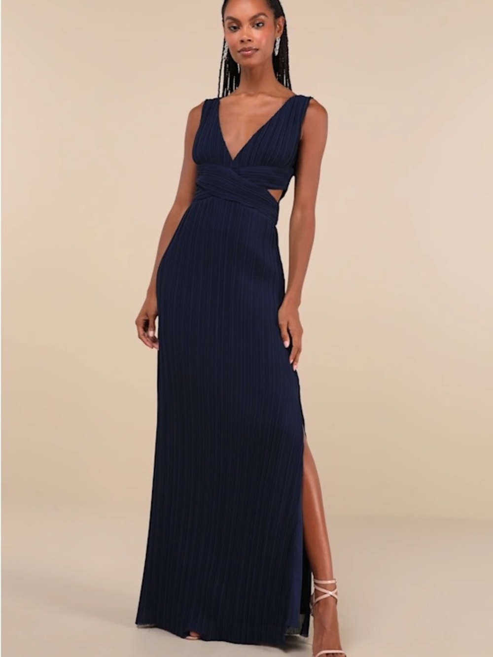 Lulu's Navy Pleated Deep V Maxi Dress